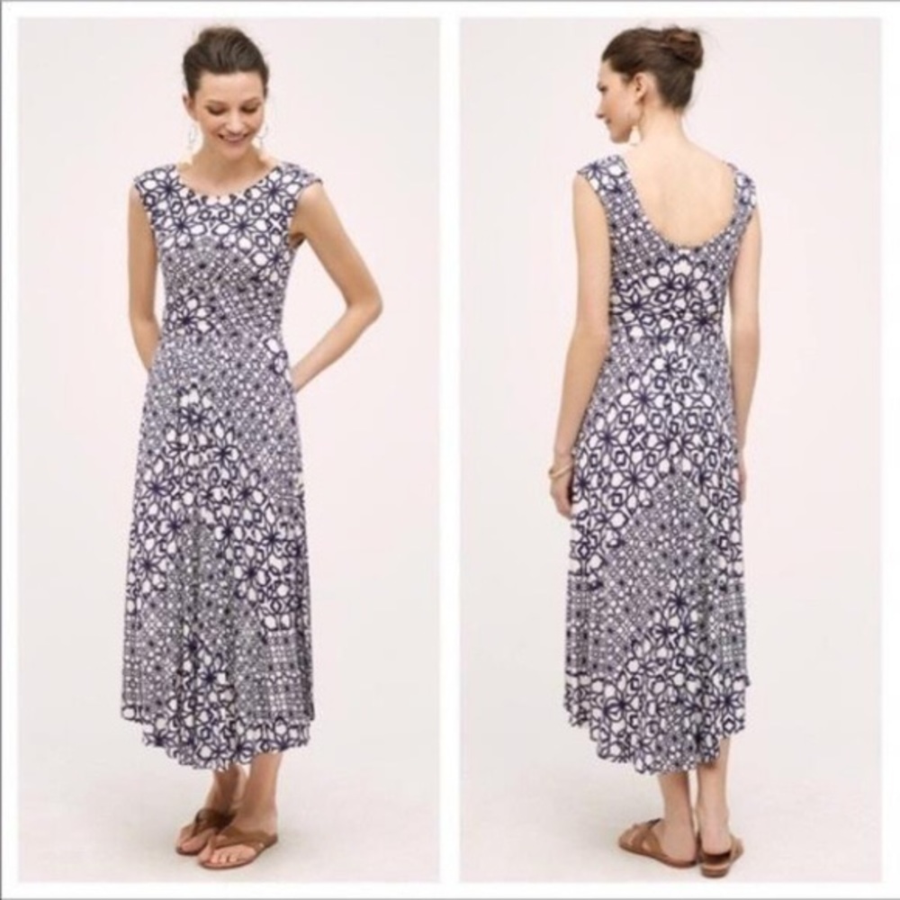 ANTHRO Maeve White + Purple Geometric Maxi Dress